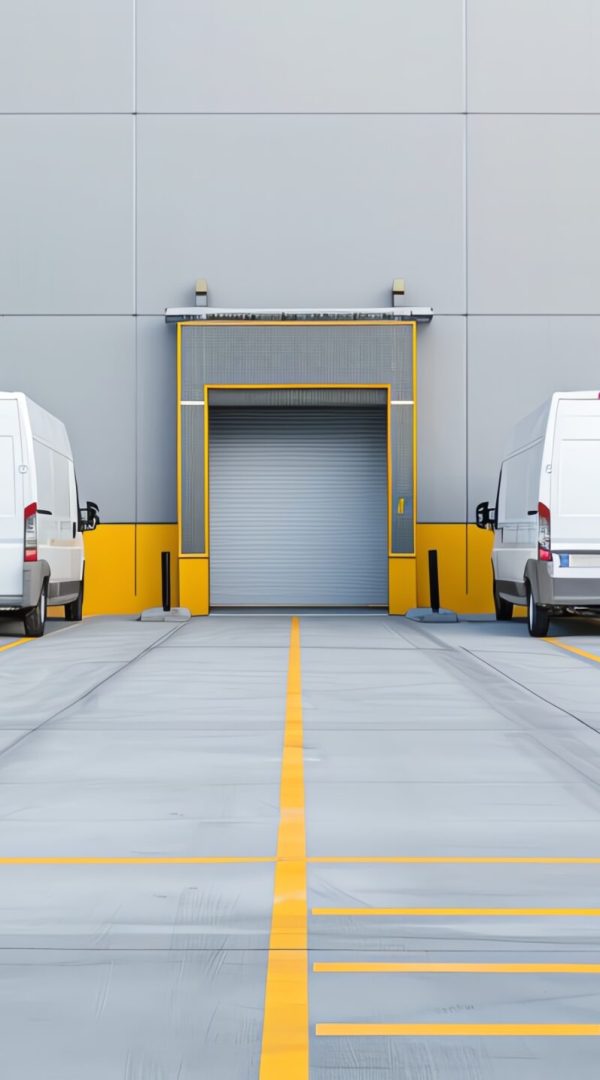 vehicles moving in and out of a corporate warehouse smoothly, corporation, flow, seamless operations